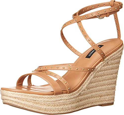 Nine West Hunda 3 Light Tan Rounded Open Toe Buckle Closure Wedge Heeled Sandals