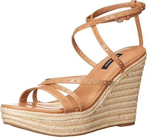 Nine West Hunda 3 Light Tan Rounded Open Toe Buckle Closure Wedge Heeled Sandals