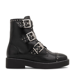 Schutz Caligas Black Studded Buckled Straps Side Zipper Round Toe Combat Boots