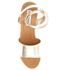 Steve Madden Welsh Gold Leather Ankle Strap Open Toe Platform Wedge Sandal