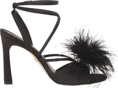 Sam Edelman Layton Black Suede Ankle Strap Spool Heeled Feather Detailed Sandals