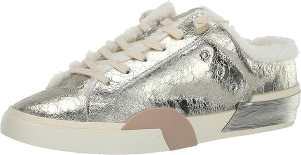 Dolce Vita Zantel Platinum Distressed Leather Lace Up Faux Fur Low Top Sneakers