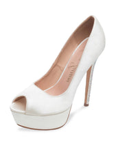 Lauren Lorraine Venus Ivory Peep Toe Platform High Crystal Heel Satin Dress Pump