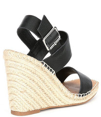 Steve Madden Uri Black Leather Open Toe Espadrille Buckle Closure Wedge Sandals