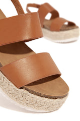 Soda Tan Casual Espadrilles Trim Rubber Sole Flatform Wedge Ankle Strap Sandals