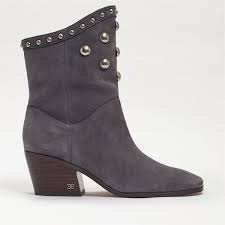 Sam Edelman Brie Grey Leather Block Heeled Almond Toe Pull On Ankle Booties