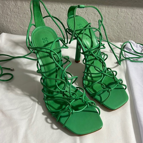 Schutz Heyde Green Square Open Toe Multi-Strap Lace Up Stiletto High Heel Sandal