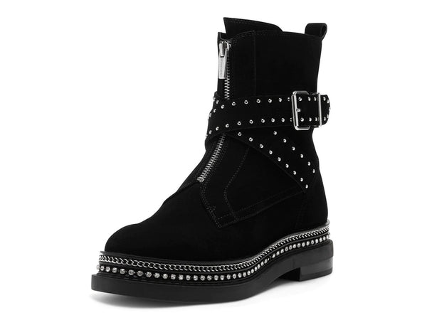 Vince Camuto Blinda Black Suede Moto Chic Chain Rim PLatform Lug Sole Bootie