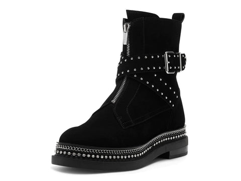 Vince Camuto Blinda Black Suede Moto Chic Chain Rim PLatform Lug Sole Bootie