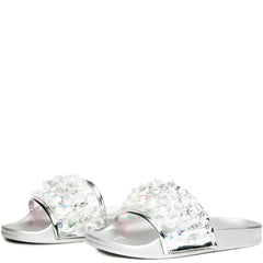 Cape Robbin Moira-63 Silver Crystal Embellished Open Toe Slide Fashion Sandals