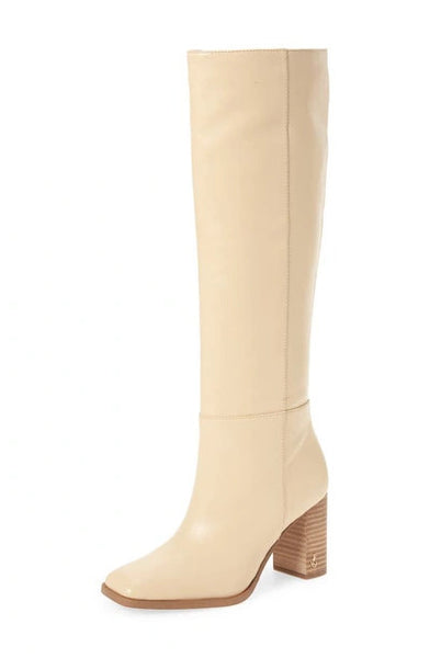 Sam Edelman Olly Eggshell Squared Toe Block Heel Pull On Knee High Fashion Boots