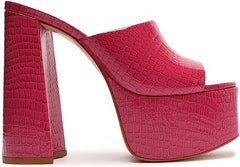 Schutz Darah Pink Croc-Embossed Slip On Open Toe High Heel Platform Sandals
