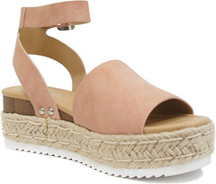 Soda Topic Rosy Nude Espadrilles Ankle Strap Studded Open Toe Wedge Heel Sandals
