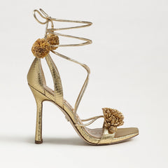 Sam Edelman Leela Gold Leather Squared Open Toe Tie Up Stiletto Heeled Sandals