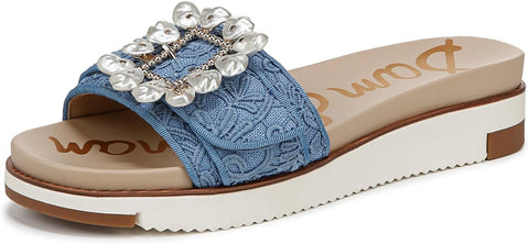 Sam Edelman Ariane Royal Sky Blue Lace Open Toe Wedge Platform Leather Sandals