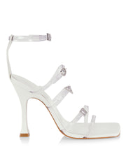 Schutz Noelle White Crystal Detail Ankle Strap Open Toe Flared High Heel Sandals