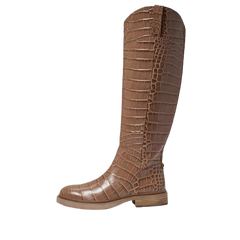 Sam Edelman Fable Cedarwood Croc Wide Calf Leather Block Heel Rounded Toe Boots