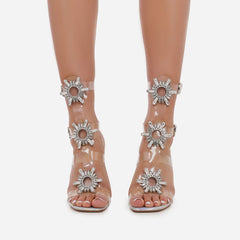LuxeModa Shining Diamond Caged Perspex Square Toe Pyramid Heel Silver Holo