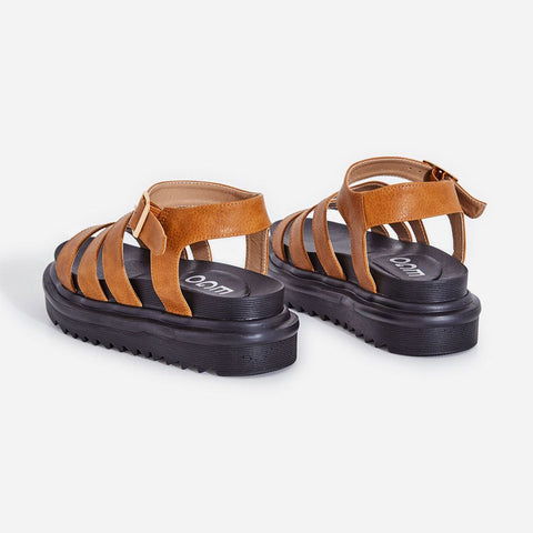 Lemonade Clueless Tan Strappy Ankle Buckle Cushioned Black Open Toe Platform Sandals