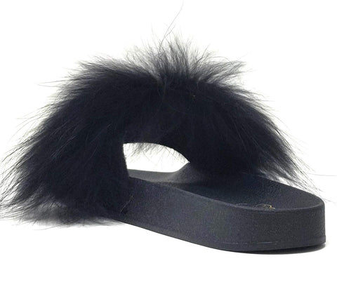 Liliana Nomi-17 Black Real Raccon Fur Slippers Slip On Slides Flat Mule (7.5)