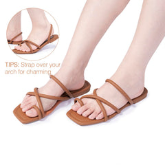 FITORY Women's Slide Sandals Flat Toe Ring Thongs with Cross Strap for Summer Size