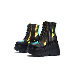Cape Robbin Radio Holographic Platform Ankle Chunky Block Heels Boots Black