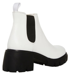 Steve Madden Howler White/Black Block Heel Pull On Platform Leather Ankle Boots