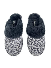 Clarks Scuff Slip-On Cosy Open Back Comfort Clog Slipper Mule Slipper Black/Grey Leopard