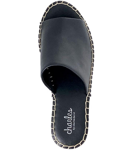 Charles David Sporty Black Espadrille Wedges Platform Slip On Leather Mule