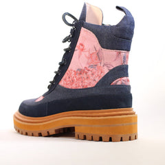 Cecelia New York Henry Denim Houndstooth Pattern Lace Up Rounded Toe Boots
