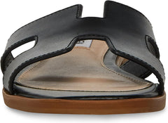 Steve Madden Hadyn Black Leather Cut-Out Slip On Open Toe Flat Slides Sandals
