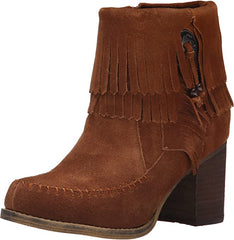 Sbicca Women's Jessa Tan Block Heel Fringe Detailed Ankle Suede Western Booties