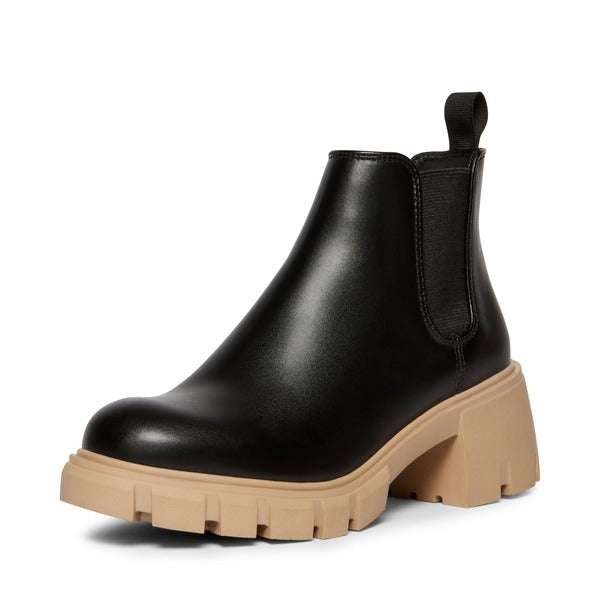 Steve Madden Howler Black/Tan Block Heel Pull On Platform Leather Ankle Boots