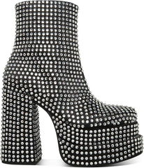 Steve Madden Cobra Black Rhinestone Platform Block High Heel Fashion Ankle Boots