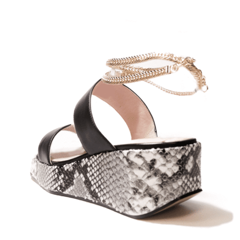 Cecelia New York BALEVES Leather Wedge Heeled Platform Sandals Black Snake gold