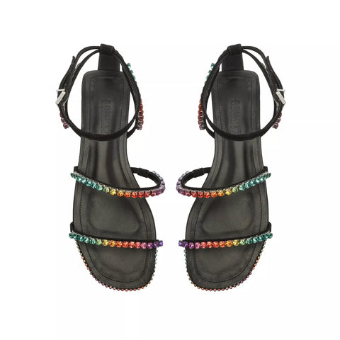 Schutz Loule Flat Black Crystals Details Ankle Strap Open Toe Flat Sandals