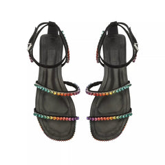 Schutz Loule Flat Black Crystals Details Ankle Strap Open Toe Flat Sandals