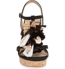 Charles David La Jolla Black Floral Raffia T-strap Platform Open Wedge Sandals