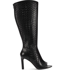 Vince Camuto Shelrica Black Open Peep Toe Woven Shaft Knee High Open Toe Boot