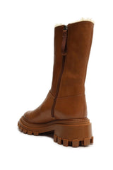 Schutz Juany Winter Brown Rounded Toe Mid Calf Lug Sole Block Heel Ankle Boots