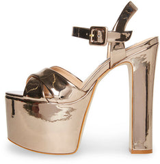 Steve Madden Vaida Gold Patent Ankle Strap Rounded Open Toe Platform Sandals