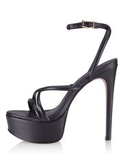 Schutz Zilla Black Leather Tubular Strap Buckle Ankle Stiletto Platforms Sandals
