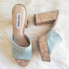 Steve Madden Gemella Mint Green Suede Slip On Rounded Toe Cork Platform Sandal