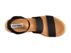 Steve Madden Bandi Black Cork-Wrapped Textile Ankle Strap Platform Wedge Sandal
