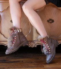 Cecelia New York Trekker Mustang Gold Multi Fur Lace Up Hiker Combat Booties
