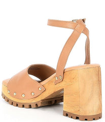 Steve Madden Ocala Tan Leather Ankle Strap Open Toe Wood-Like Platform Sandals