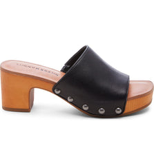 Lucky Brand Fineena Black Leather High Block Heel Clog Slip On Platform Sandals