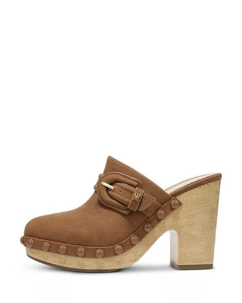 Sam Edelman Nyla Cuoio Brown Rounded Toe Slip On Block Heel Fashion Mules