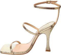 Schutz Nylla Gold Metallic Snake-Embossed Ankle Strap Open Toe High Heel Sandals