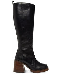 Steve Madden Andiee Black Leather Stacked Block Heel Squared Toe Knee High Boots